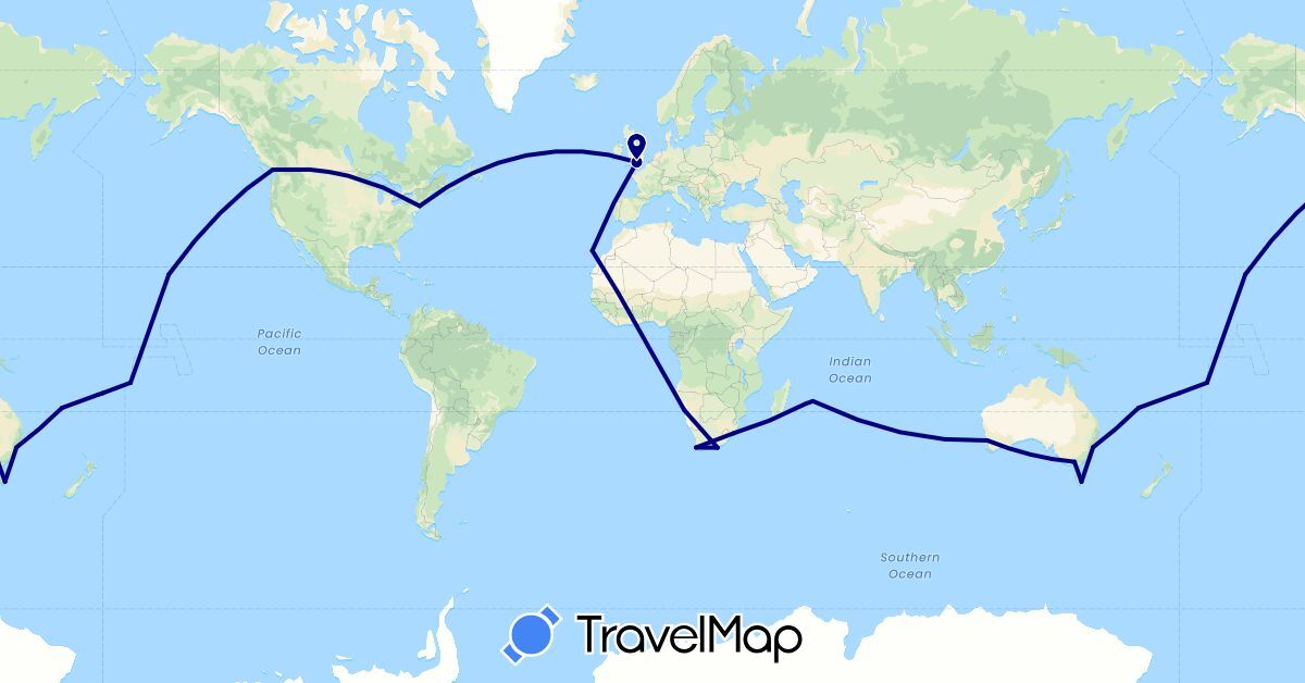 TravelMap itinerary: driving in Australia, Canada, Spain, Fiji, France, United Kingdom, Mauritius, Namibia, United States, South Africa (Africa, Europe, North America, Oceania)
